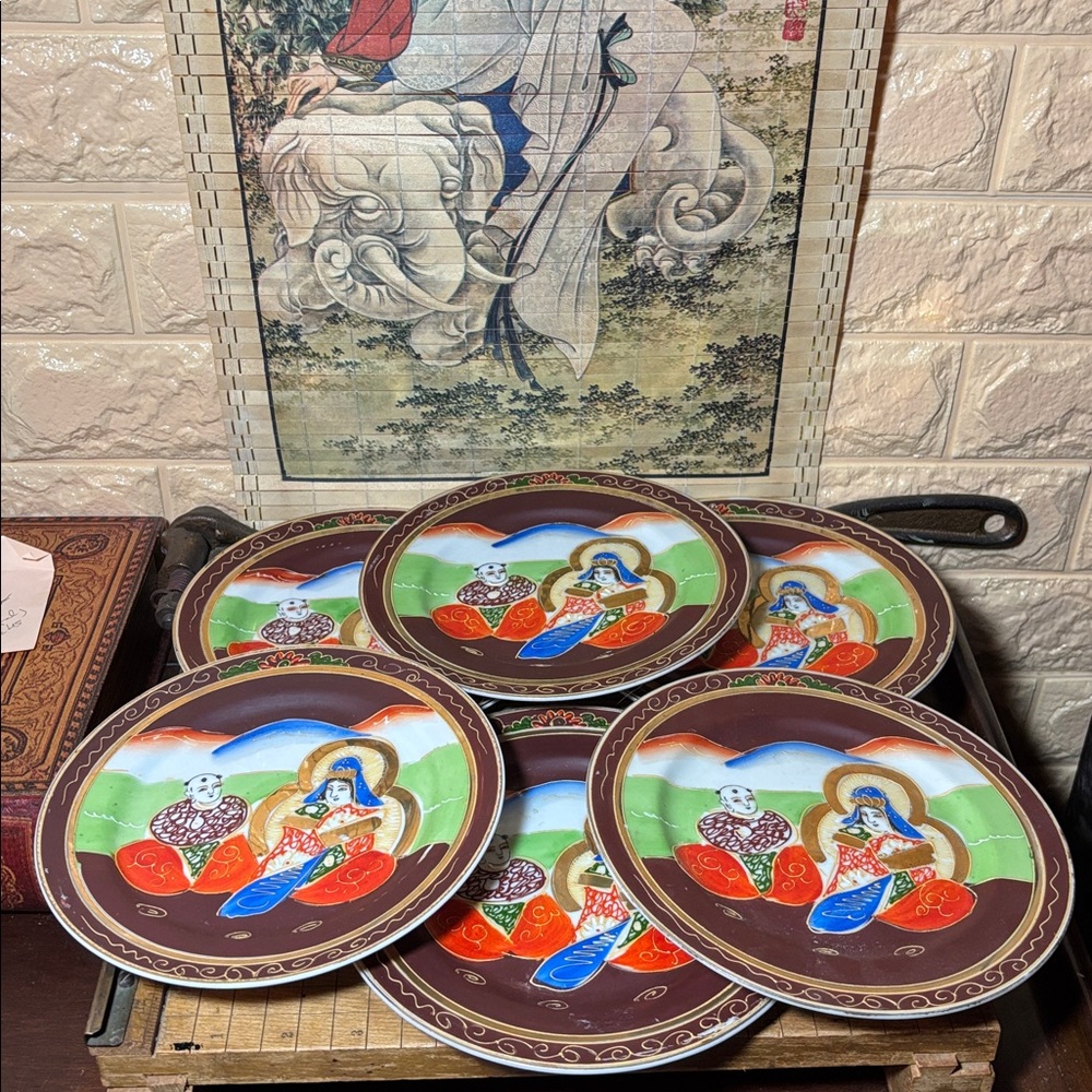 6 Japan Moriage Plates 7 5/8”D Immortals Kannan Goddess of Compassion